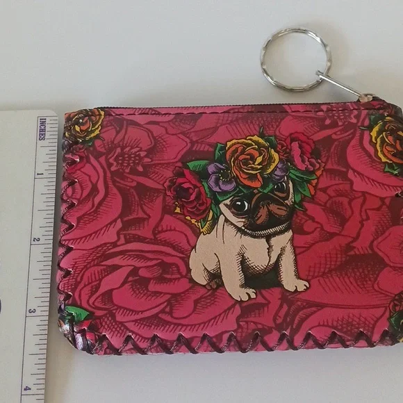 PUG w/ Flowers Printed COIN PURSE / WALLET Zipper Vegan Leather - Picture 3 of 4